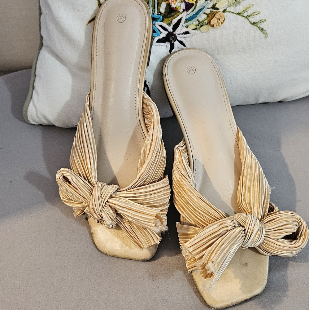 Women's Pleated Bow Flat Sandals Open Square Toe Slip on Slide Sandals